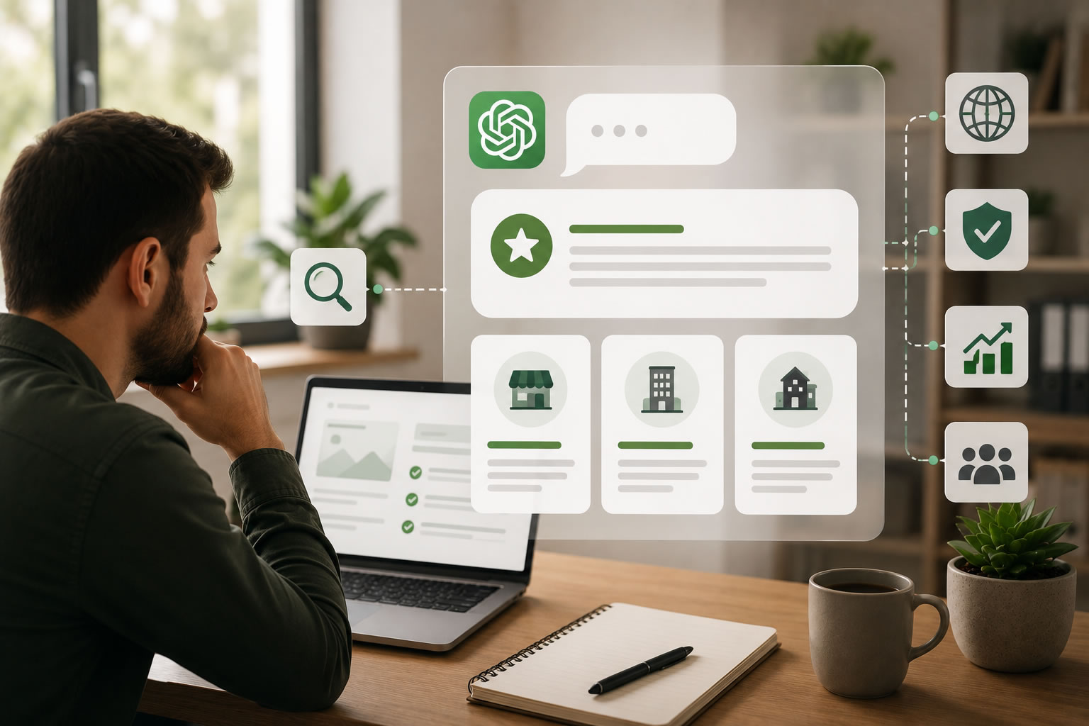 Pessoa vendo o ChatGPT recomendar empresas, ilustrando como aparecer no ChatGPT