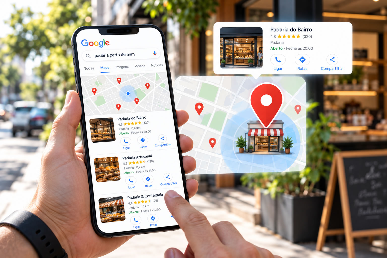 Mapa do Google mostrando pinos de negócios locais em um bairro
