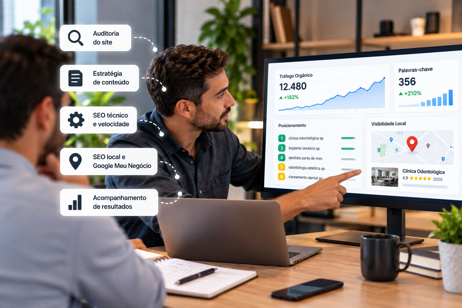 Consultor de SEO analisando gráficos de posicionamento e tráfego de um site no notebook