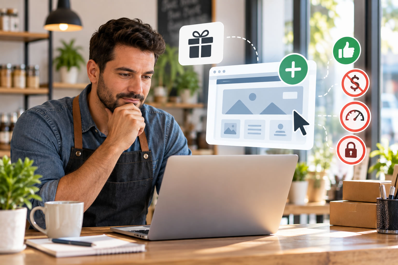 Empreendedor comparando um site gratuito e um site profissional no notebook