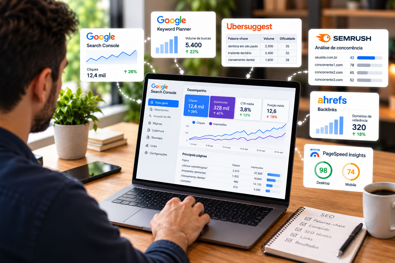 Profissional de SEO analisando ferramentas de SEO como Google Search Console, Keyword Planner e PageSpeed Insights