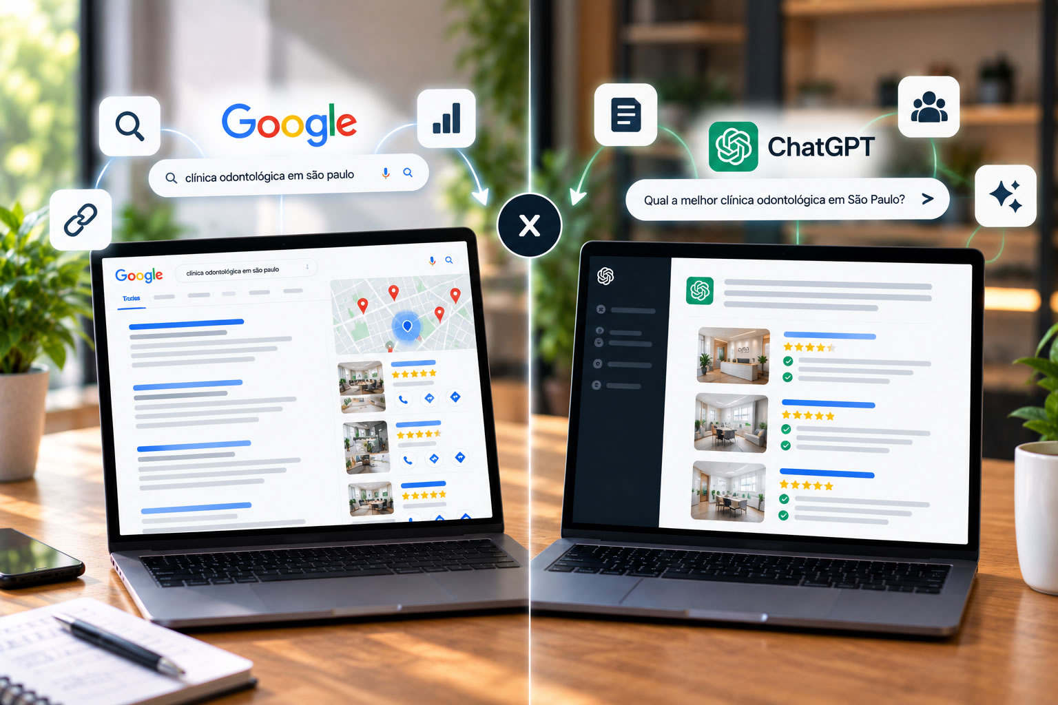 Comparação entre GEO x SEO mostrando busca tradicional e busca por IA