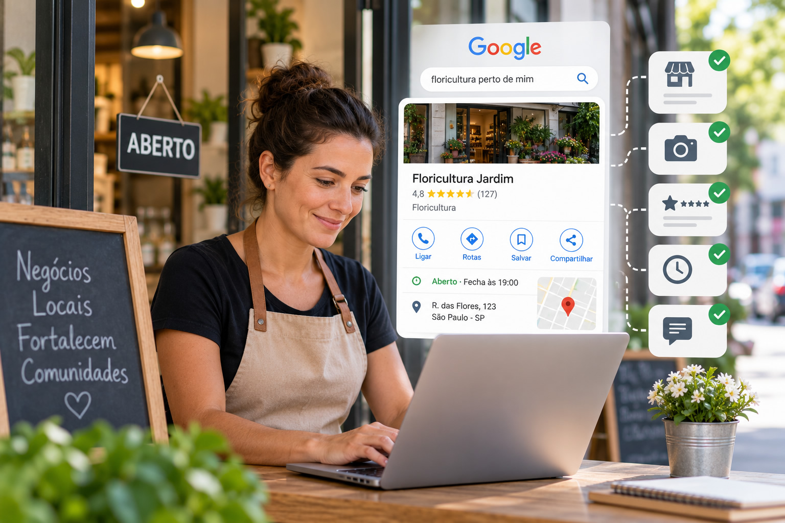 Empreendedora local ao lado do perfil do Google Meu Negócio nos resultados de busca