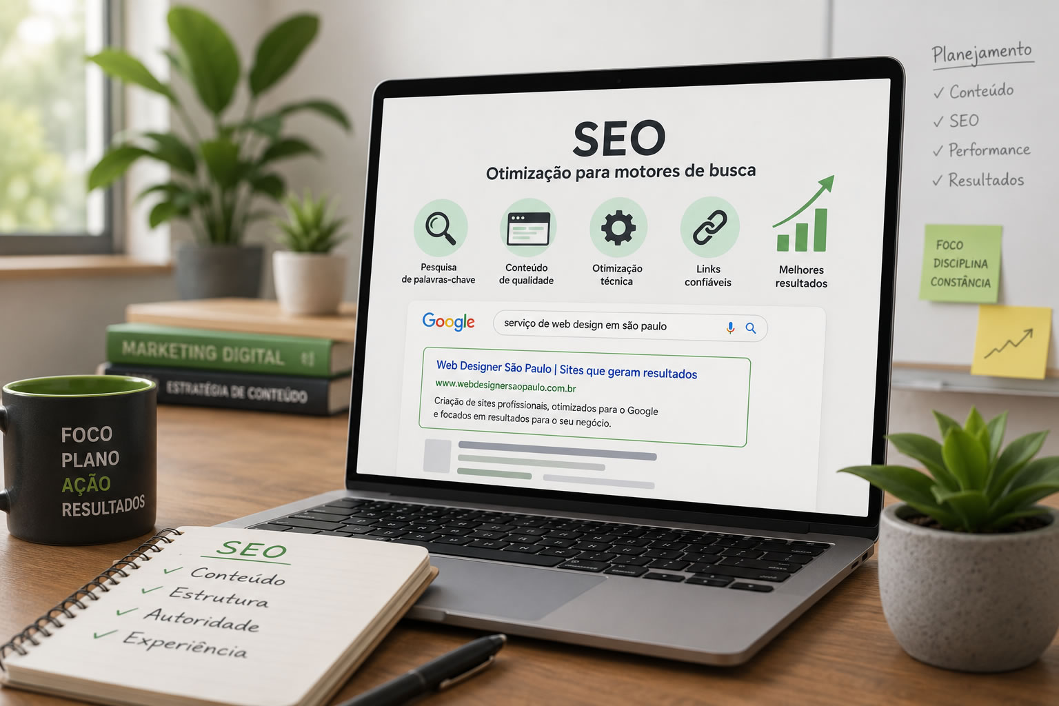 Notebook sobre uma mesa mostrando o que é SEO e a otimização de um site para o Google