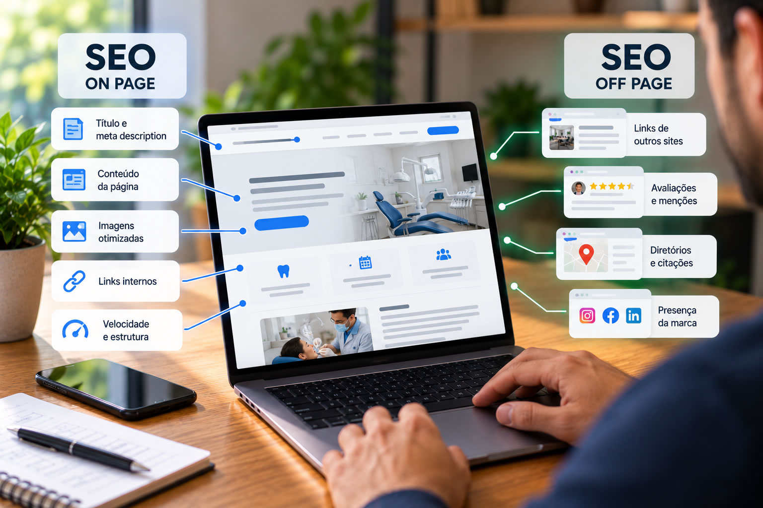 Site aberto em um notebook ilustrando a diferença entre SEO on page e off page