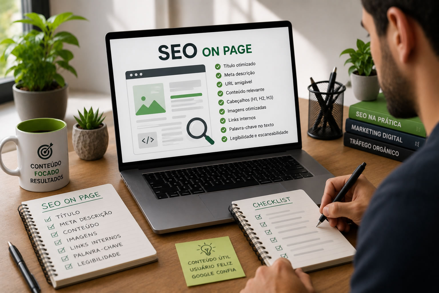 Checklist de SEO on page em uma tela de notebook, com títulos e palavras-chave destacados