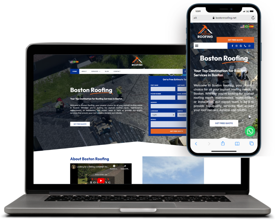 O site Boston Roofing exibido no computador e no celular, com hero da marca e formulário de orçamento.