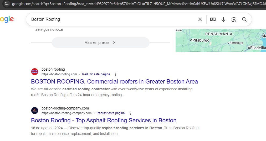 Resultado do Google para "Boston Roofing" com o site boston-roofing-company.com na primeira página.