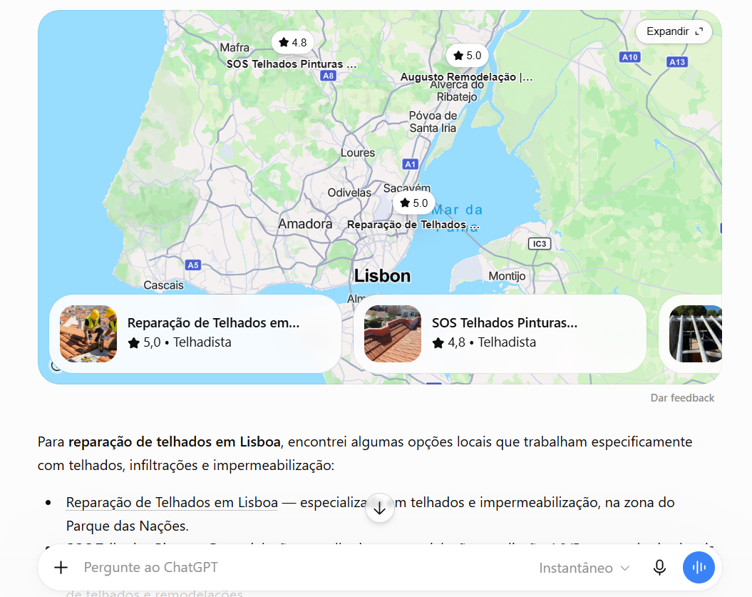 Resposta do ChatGPT para "reparação de telhados em Lisboa" recomendando a Reparação de Telhados em Lisboa da Telhados Lisboa.