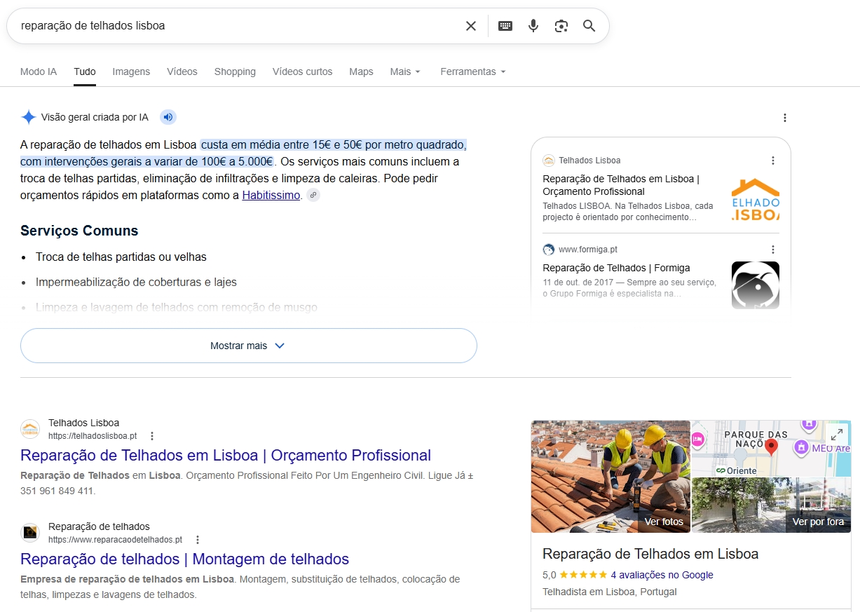 Resultado do Google para "reparação de telhados lisboa": Telhados Lisboa em 1º lugar orgânico, com Perfil de Empresa nota 5,0 e presença no Google Maps.