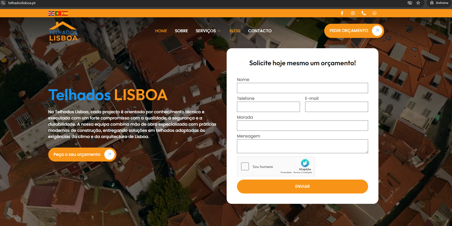 Página inicial do site telhadoslisboa.pt, com hero da marca e formulário de pedido de orçamento.