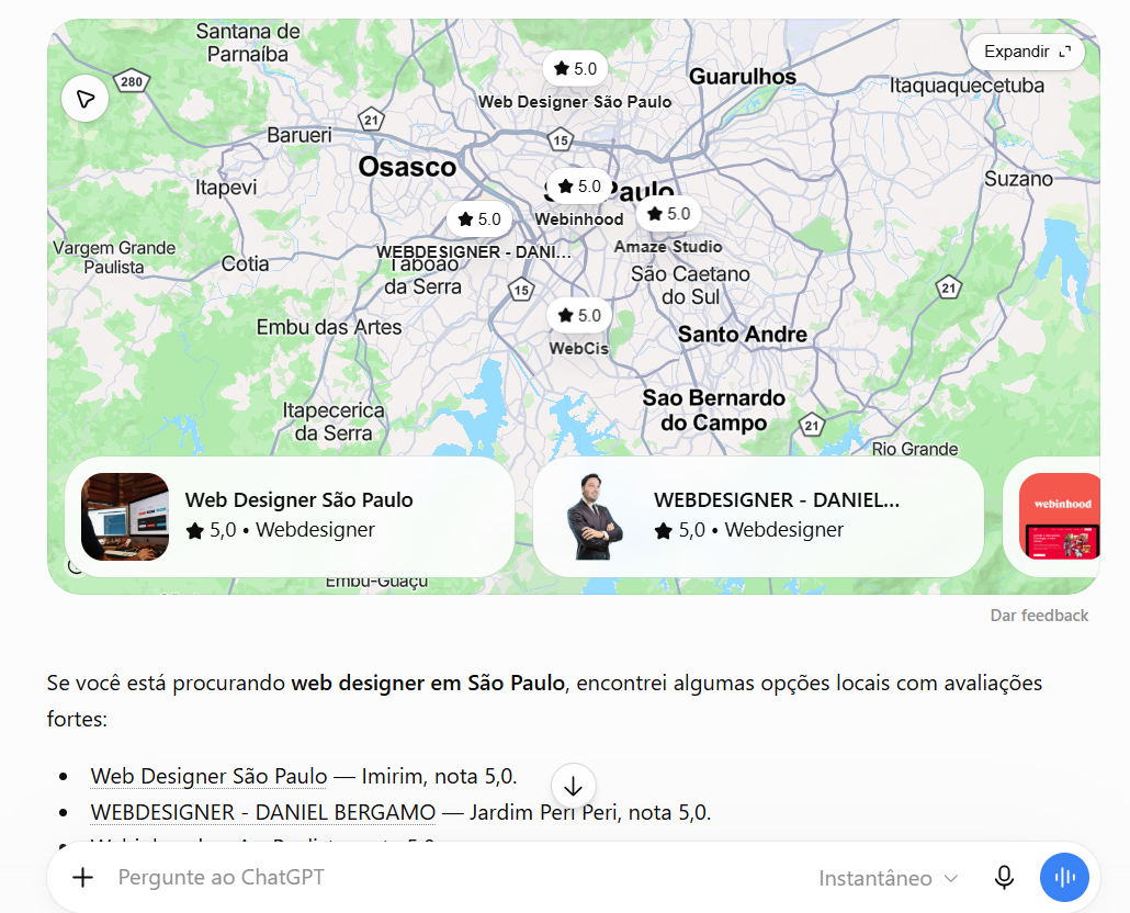 Resposta do ChatGPT para a busca 'web designer em São Paulo' destacando a Web Designer São Paulo em primeiro lugar, com nota 5,0.